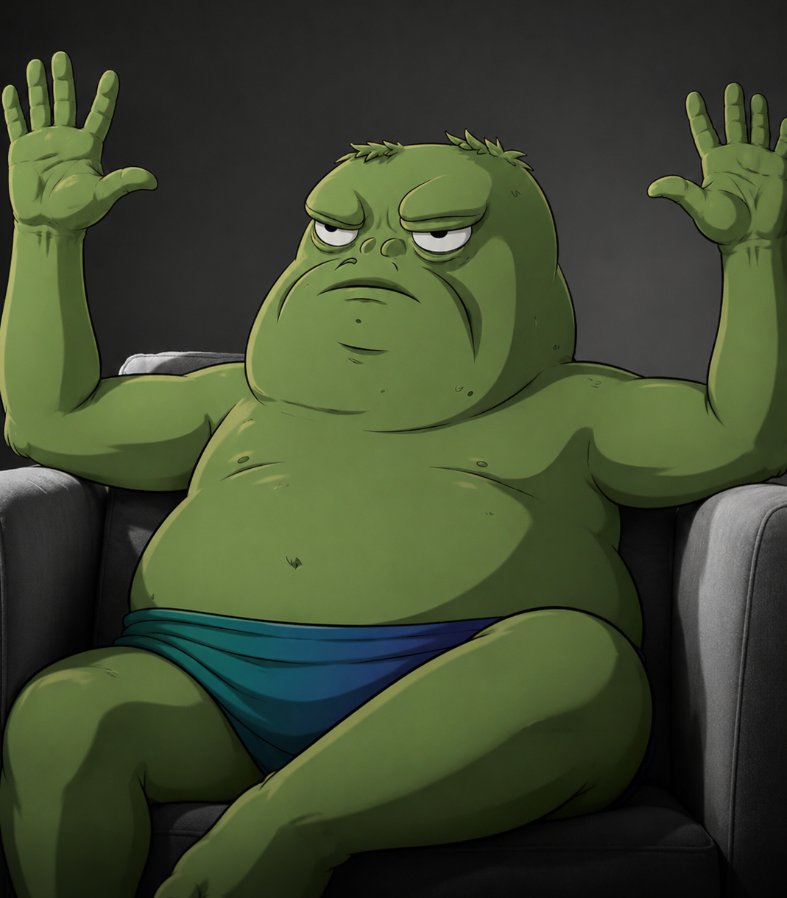 BABA sitting on a couch with both hands raised